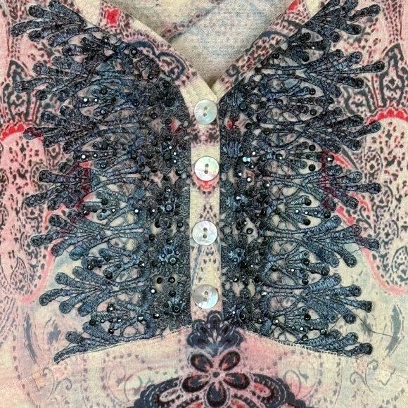 One World Paisley Print Tunic Top Sz XL Beaded 3/4 Sleeves Asymmetrical Hem - Picture 3 of 11